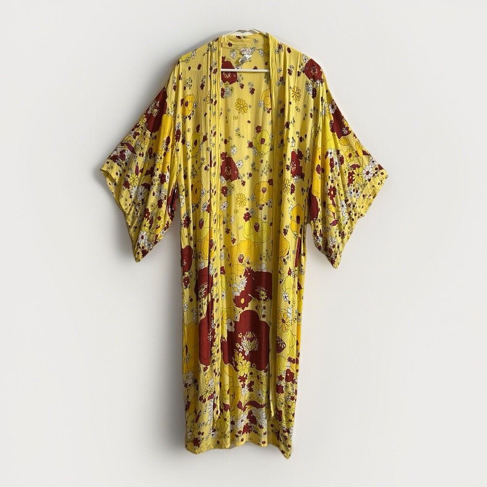 Free People Hidden Hills Maxi Kimono Yellow Floral Boho Hippie One Size - Picture 1 of 7